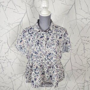 Rachel Zoe White Blue Floral 100% Linen Popover Babydoll Top